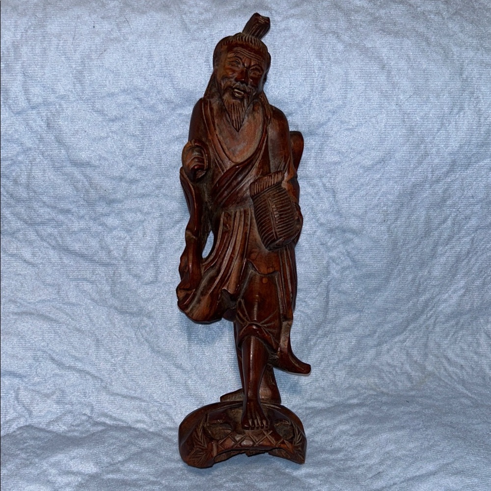 Vintage Chinese Wooden Handcarved Fisherman Figurine Statue No Pole